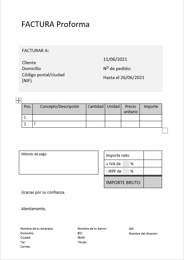 Ejemplo de Factura Proforma